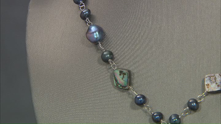 Blue Cultured Freshwater Pearl & Abalone Shell Rhodium Over Sterling Silver Necklace Video Thumbnail