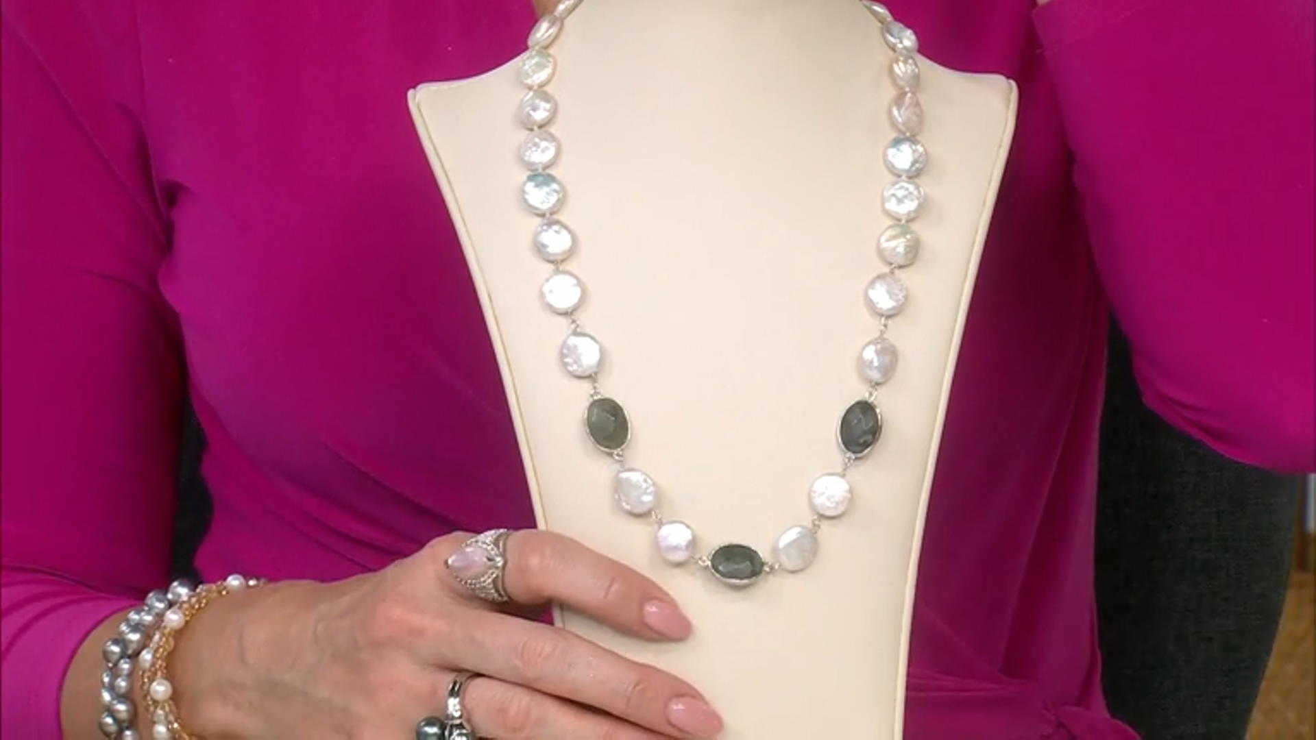 White Cultured Freshwater Pearl With Labradorite Rhodium Over Silver Necklace Video Thumbnail