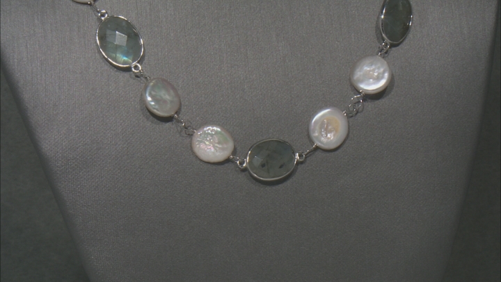 White Cultured Freshwater Pearl With Labradorite Rhodium Over Silver Necklace Video Thumbnail
