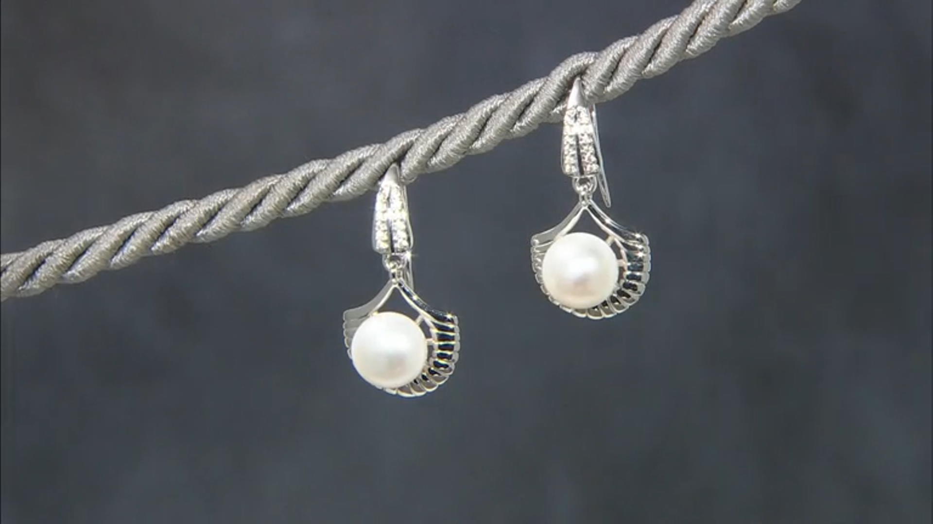 White Cultured Freshwater Pearl With White Zircon Rhodium Over Sterling Silver Earrings Video Thumbnail