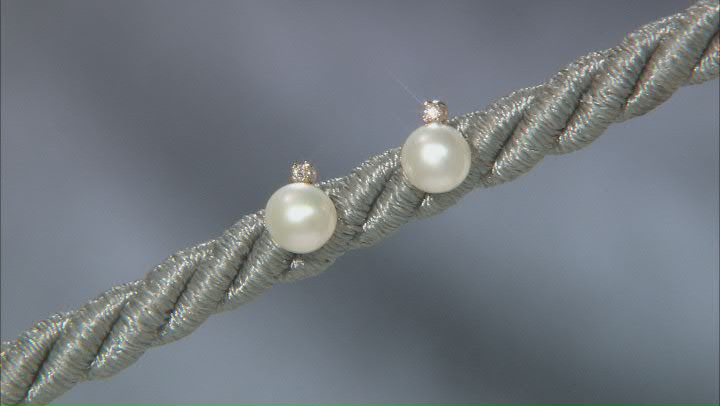 White Cultured Freshwater Pearl & White Diamond 14k Yellow Gold Stud Earrings Video Thumbnail