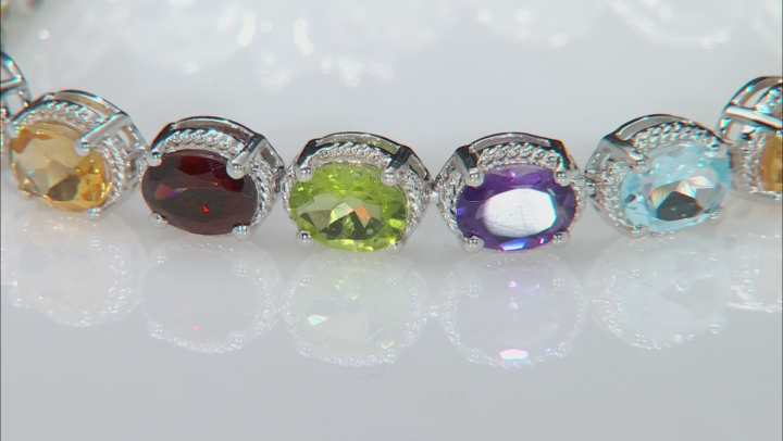 Multi-Color Gemstone Rhodium Over Silver Tennis Bracelet 20.84ctw Video Thumbnail