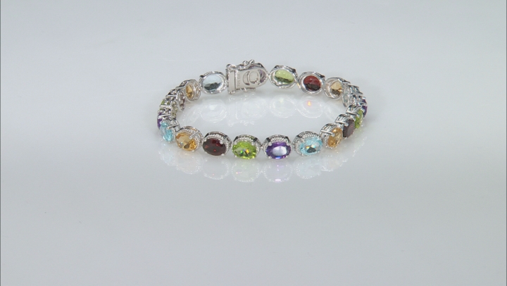 Multi-Color Gemstone Rhodium Over Silver Tennis Bracelet 20.84ctw Video Thumbnail