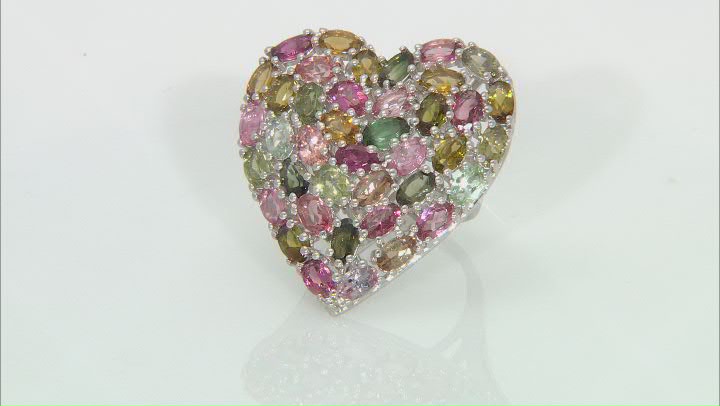 Multi-Color Tourmaline Rhodium Over Sterling Silver Heart Shape Ring 7.48ctw Video Thumbnail