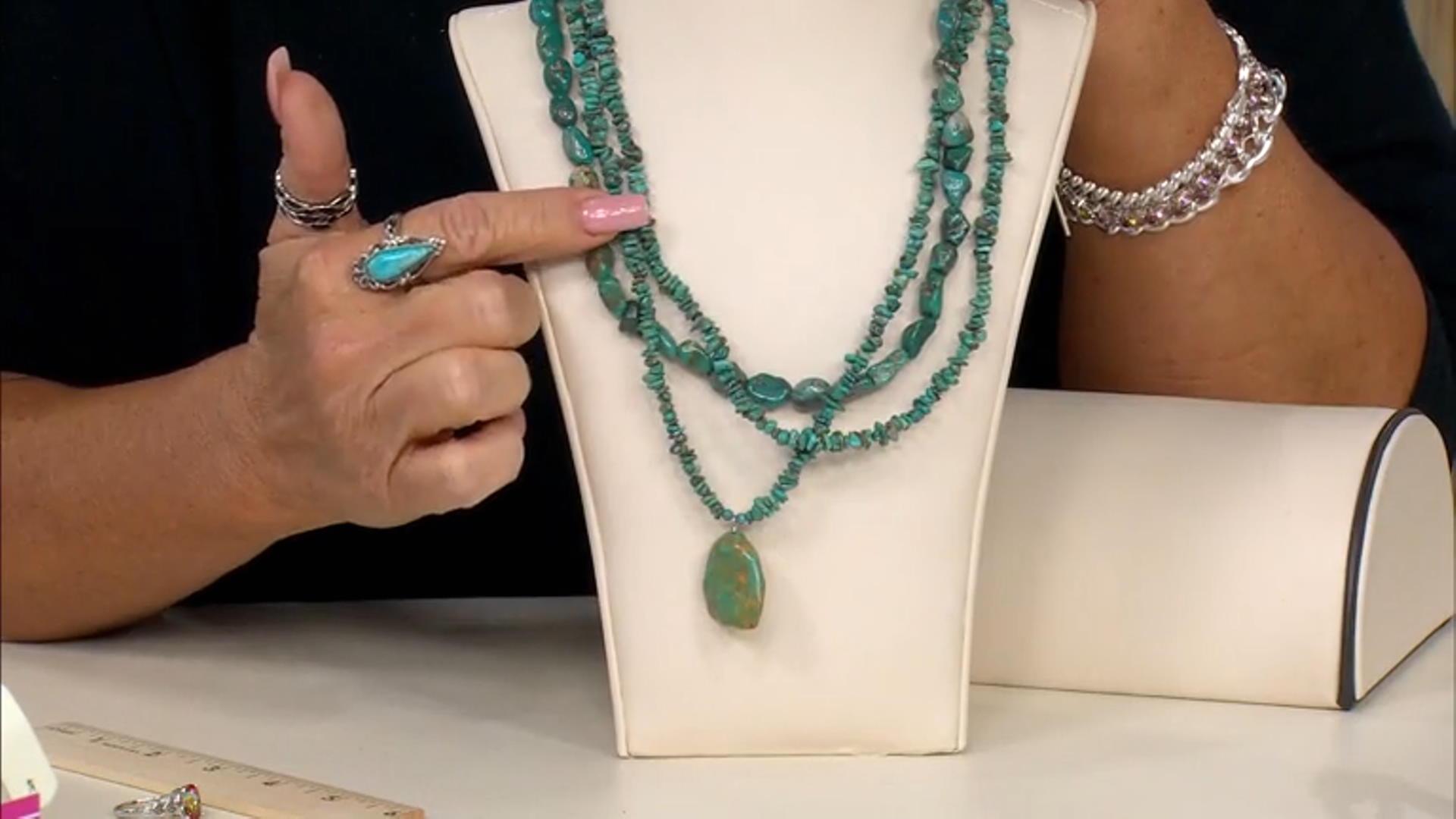 Multicolor Kingman Turquoise Rhodium Over Sterling Silver 3-Strand Necklace Video Thumbnail