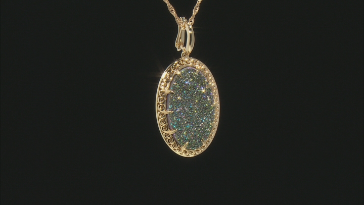 Oval Multi-Color Drusy Quartz 18k Yellow Gold Over Silver Pendant With Chain Video Thumbnail