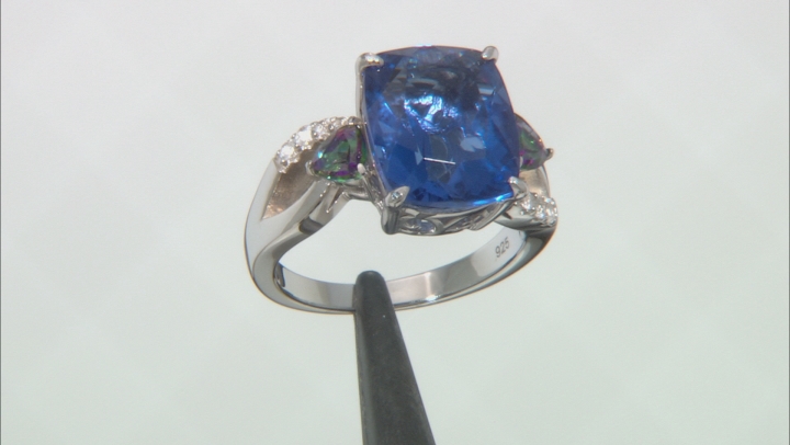 Blue Color Shift Fluorite Rhodium Over Silver Ring 6.15ctw Video Thumbnail