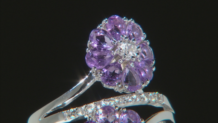 Purple Amethyst Rhodium Over Sterling Silver Flower Bypass Ring 2.27ctw Video Thumbnail