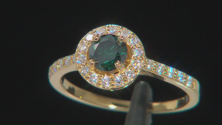 Green and colorless moissanite 14k yellow gold over sterling silver halo ring .74ctw DEW. Video Thumbnail