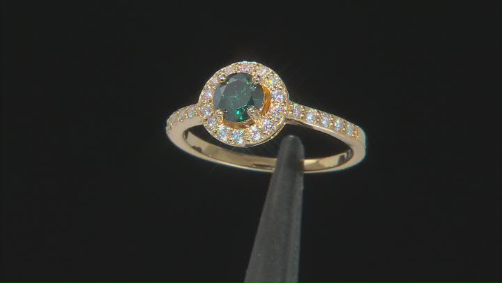 Green and colorless moissanite 14k yellow gold over sterling silver halo ring .74ctw DEW. Video Thumbnail