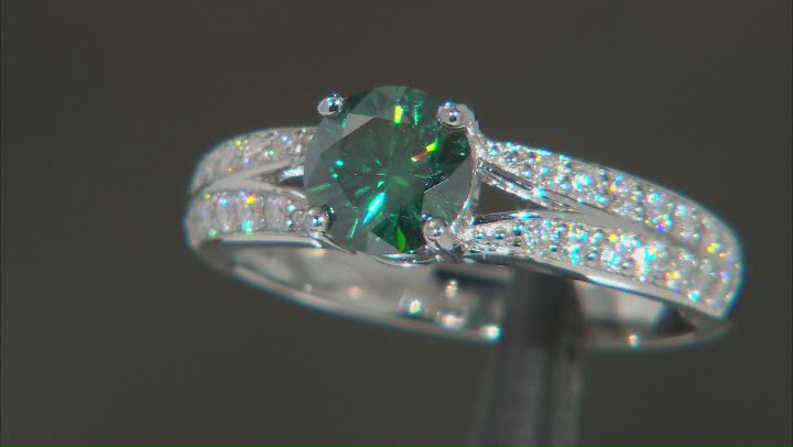 Green and colorless moissanite platineve promise ring 1.08ctw DEW. Video Thumbnail