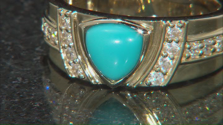 Blue Sleeping Beauty Turquoise With White Zircon 10k Yellow Gold Men's Ring 0.76ctw Video Thumbnail