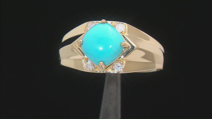 Blue Sleeping Beauty Turquoise With White Diamond 10k Yellow Gold Men's Ring Video Thumbnail