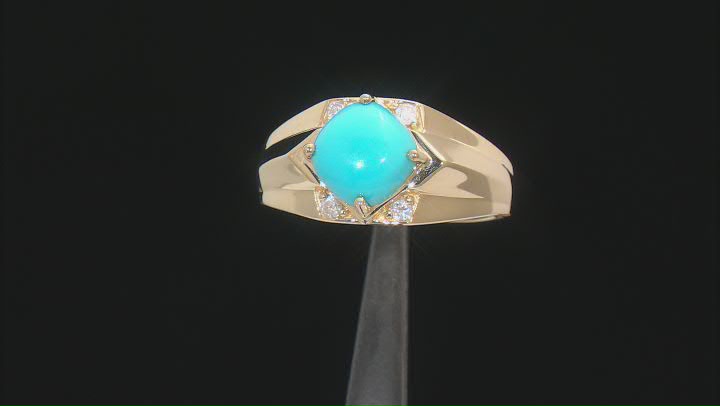 Blue Sleeping Beauty Turquoise With White Diamond 10k Yellow Gold Men's Ring Video Thumbnail