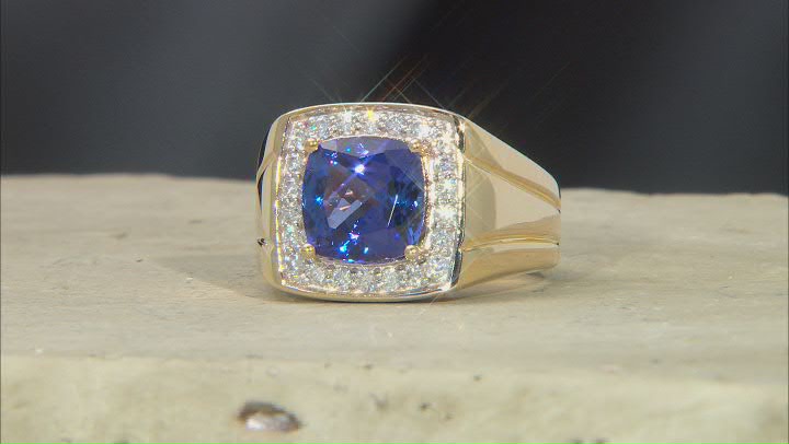 Blue Tanzanite With White Diamond Men's 10k Yellow Gold Ring 4.46ctw Video Thumbnail