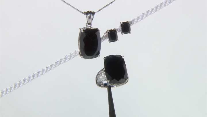 Black Spinel Rhodium Over Sterling Silver Ring Pendant With Chain And Earrings Set 44.39ctw Video Thumbnail
