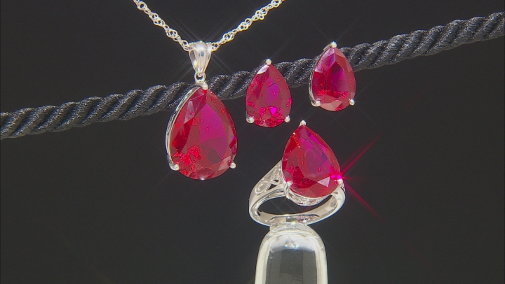 Red Lab Created Ruby Rhodium Over Silver Jewelry Set 37.09ctw Video Thumbnail
