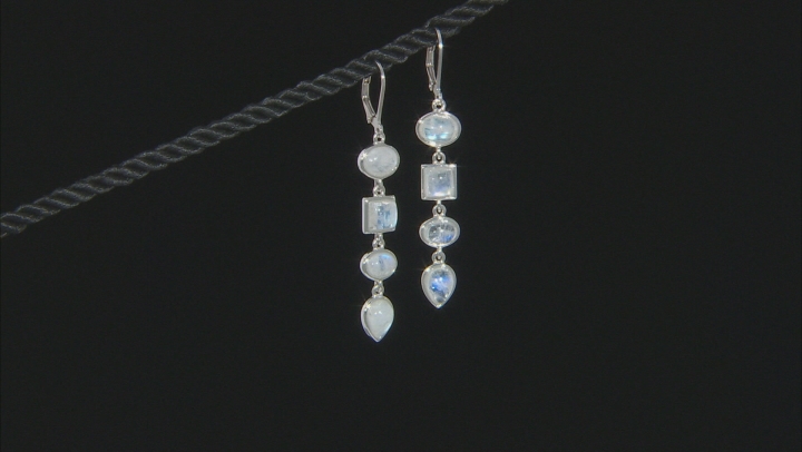 White rainbow moonstone rhodium over silver dangle earrings Video Thumbnail
