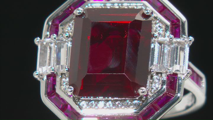 Red Lab Created Ruby Rhodium Over Sterling Silver Ring 10.19ctw Video Thumbnail