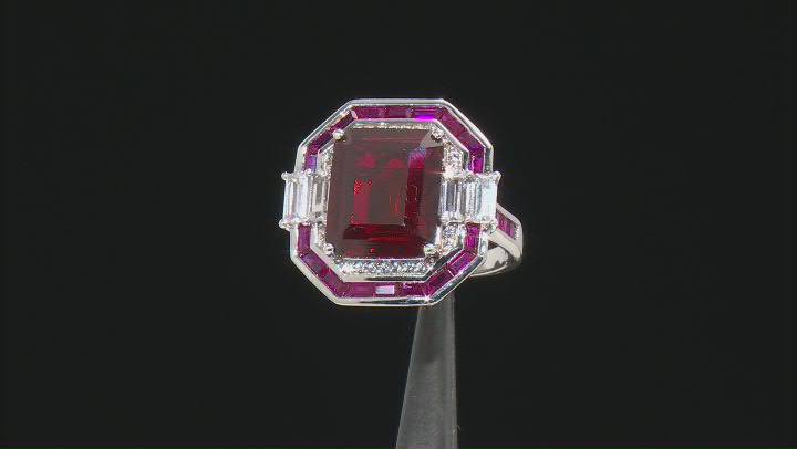 Red Lab Created Ruby Rhodium Over Sterling Silver Ring 10.19ctw Video Thumbnail