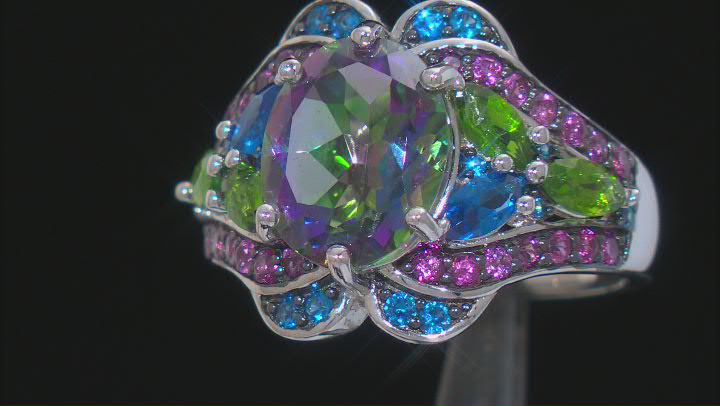 Mystic Fire® Green Topaz Rhodium Over Sterling Silver Ring 5.29ctw` Video Thumbnail