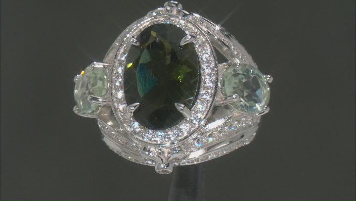 Green Moldavite Rhodium Over Sterling Silver Ring 7.40ctw Video Thumbnail