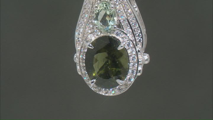 Green Moldavite, Prasiolite And White Zircon Rhodium Over Sterling Silver Pendant With Chain 4.55ctw Video Thumbnail
