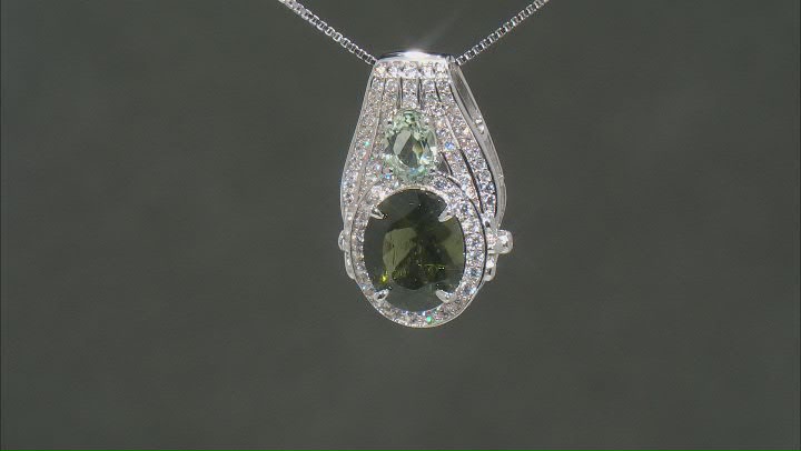 Green Moldavite, Prasiolite And White Zircon Rhodium Over Sterling Silver Pendant With Chain 4.55ctw Video Thumbnail