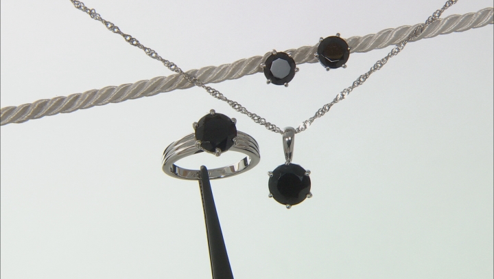 Black Spinel Rhodium Over Silver Ring, Earrings, Pendant With Chain Jewelry Set 9.46ctw Video Thumbnail
