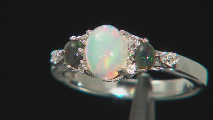 Multi Color Ethiopian Opal With Chalama Black Opal ™ & White Topaz Rhodium Over Silver Ring 1.20ctw Video Thumbnail