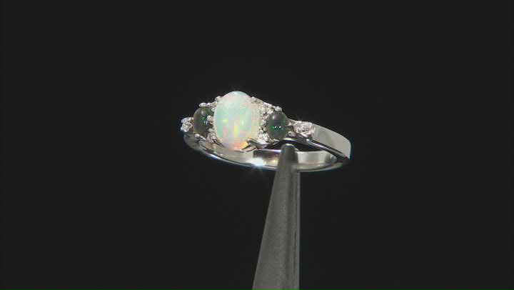 Multi Color Ethiopian Opal With Chalama Black Opal ™ & White Topaz Rhodium Over Silver Ring 1.20ctw Video Thumbnail