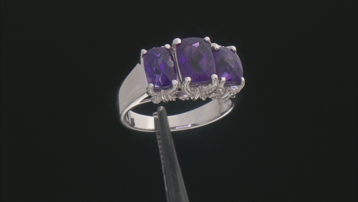 Purple African Amethyst Rhodium Over Sterling Silver 3-Stone Ring 3.03ctw Video Thumbnail