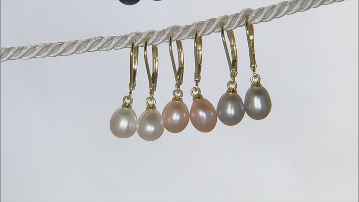 Multi-Color Cultured Freshwater Pearls 18k Yellow Gold Over Sterling Silver Earrings Set of 6 Video Thumbnail