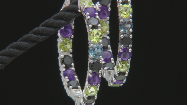 Multi-Color Multi-Gemstone Rhodium Over Silver Hoop Earrings 8.23ctw Video Thumbnail