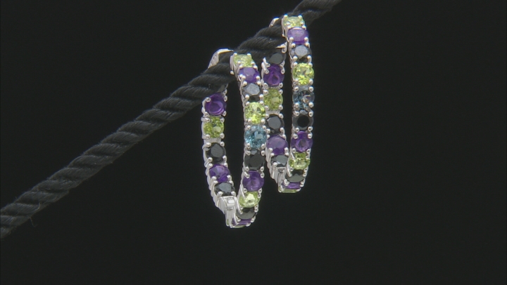 Multi-Color Multi-Gemstone Rhodium Over Silver Hoop Earrings 8.23ctw Video Thumbnail
