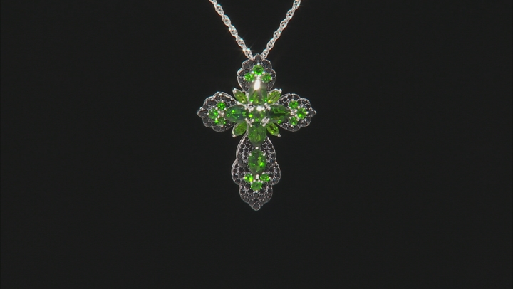 Green chrome diopside rhodium over sterling silver pendant with chain 11.00ctw Video Thumbnail