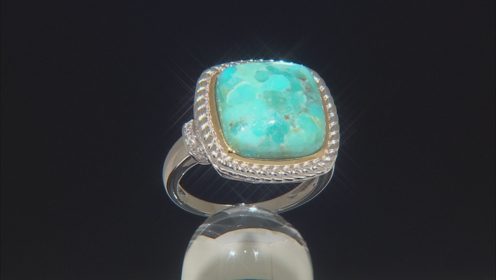 Blue turquoise rhodium over silver and 14k gold over silver two tone ring. .08ctw Video Thumbnail