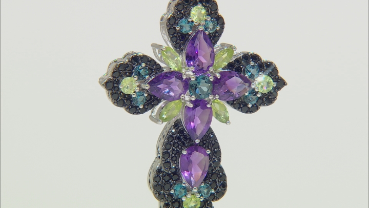 Multi-Gem Rhodium Over Sterling Silver Cross Pendant With Chain 10.95ctw Video Thumbnail
