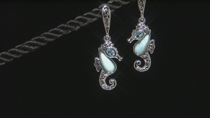 Blue Larimar Rhodium Over Sterling Silver Seahorse Earrings .40ctw Video Thumbnail