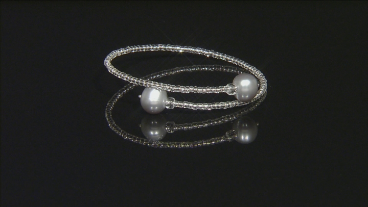 White, Silver, Pink Cultured Freshwater Pearl Stainless Steel Silver Bangle Set Video Thumbnail