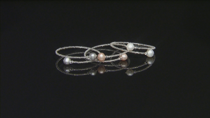 White, Silver, Pink Cultured Freshwater Pearl Stainless Steel Silver Bangle Set Video Thumbnail