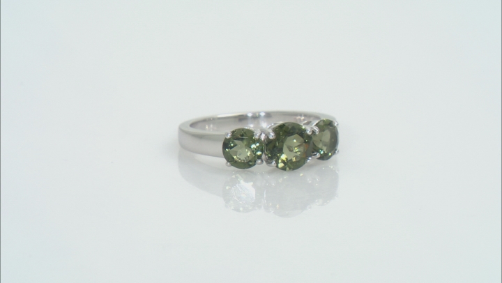 Green Moldavite Rhodium Over Sterling Silver 3-Stone Ring 1.70ctw Video Thumbnail