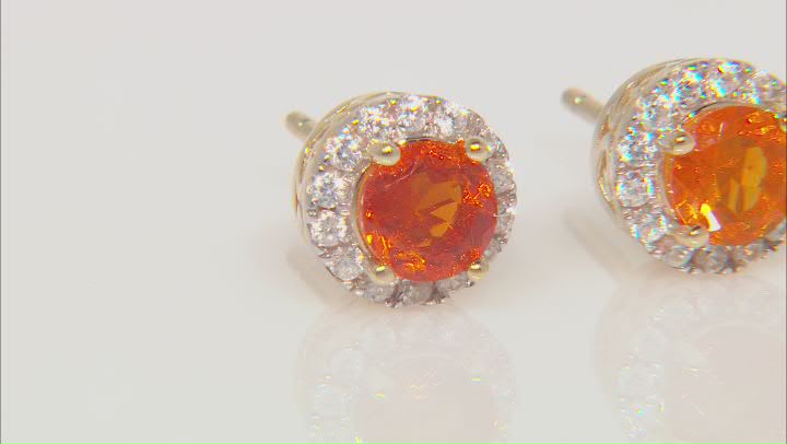 Round Orange Mexican Fire Opal 18k Yellow Gold Over Sterling Silver Halo Stud Earrings 1.01ctw Video Thumbnail
