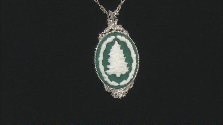 Green & White Agate Rhodium Over Sterling Silver Tree Cameo Pendant With Chain 0.11ctw Video Thumbnail