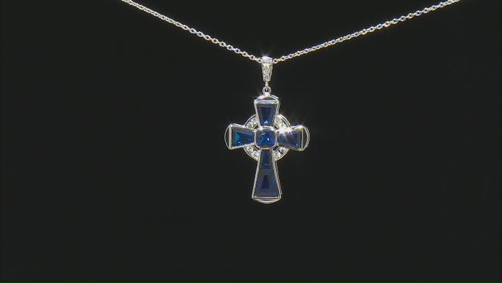 Blue Lab Created Spinel Rhodium Over Silver Cross Pendant Chain 5.86ctw Video Thumbnail