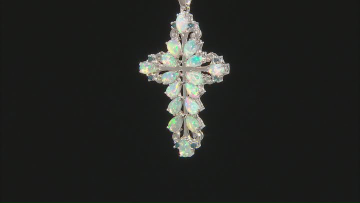 Multi Color Ethiopian Opal Rhodium Over Sterling Silver Cross Pendant With Chain 1.87ctw Video Thumbnail