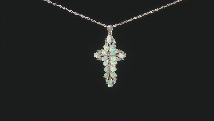Multi Color Ethiopian Opal Rhodium Over Sterling Silver Cross Pendant With Chain 1.87ctw Video Thumbnail