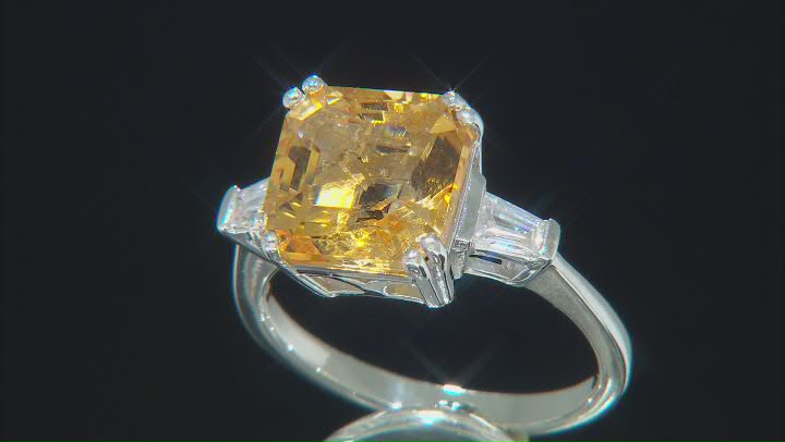 Asscher Cut Brazilian Yellow Citrine With White Zircon Rhodium Over Sterling Silver Ring 4.16ctw
