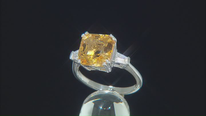 Asscher Cut Brazilian Yellow Citrine With White Zircon Rhodium Over Sterling Silver Ring 4.16ctw