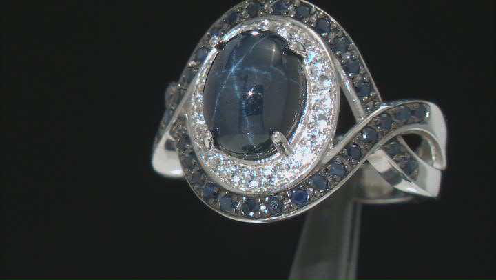 Blue Star Sapphire Rhodium Over Sterling Silver Ring 3.45ctw Video Thumbnail